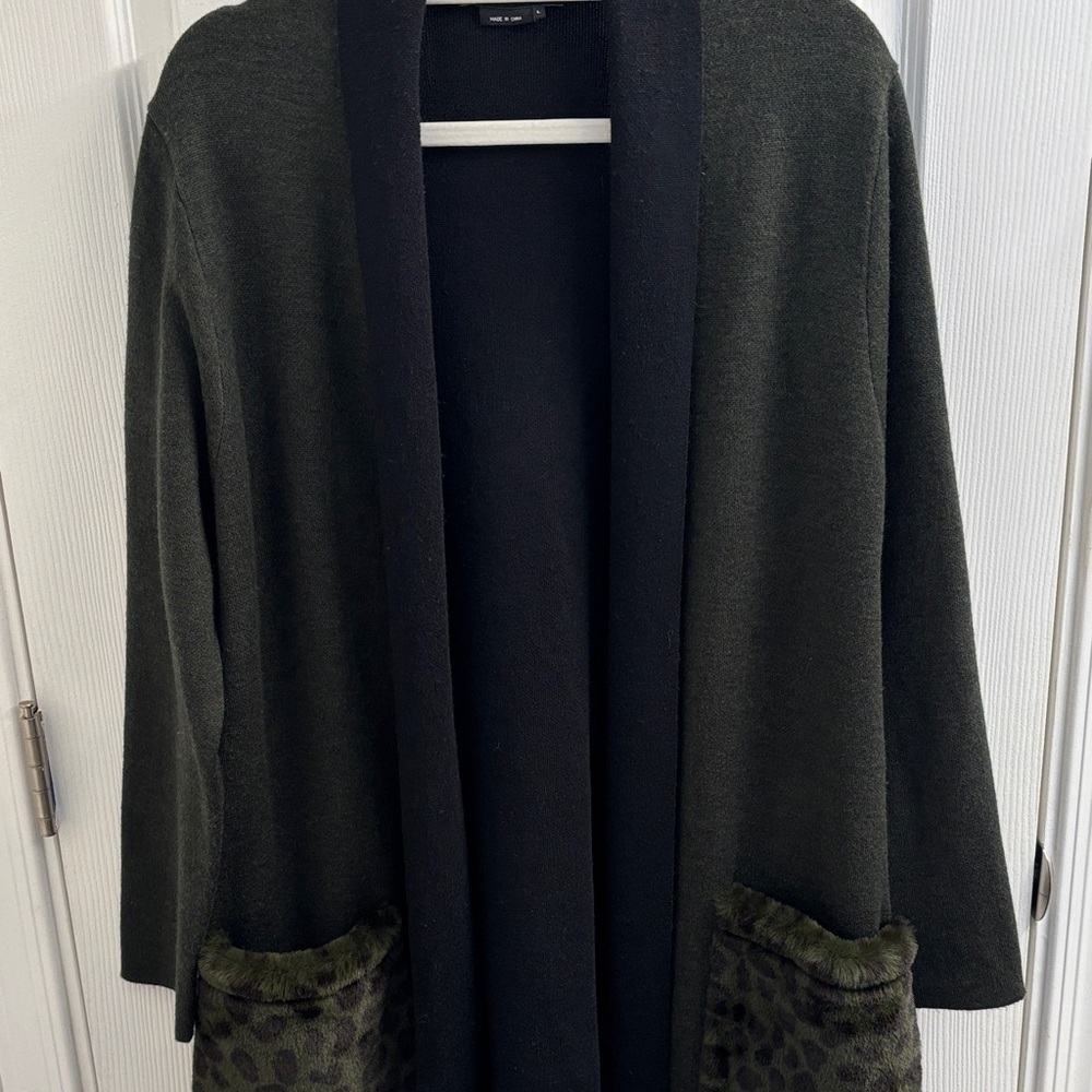 Women's Black/Olive Open Front Sweater with Leopard Pockets by Vertigo- Size L